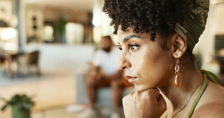 Divorce, stress and thinking by woman in house with solution for toxic, jealous or liar man. Marria
